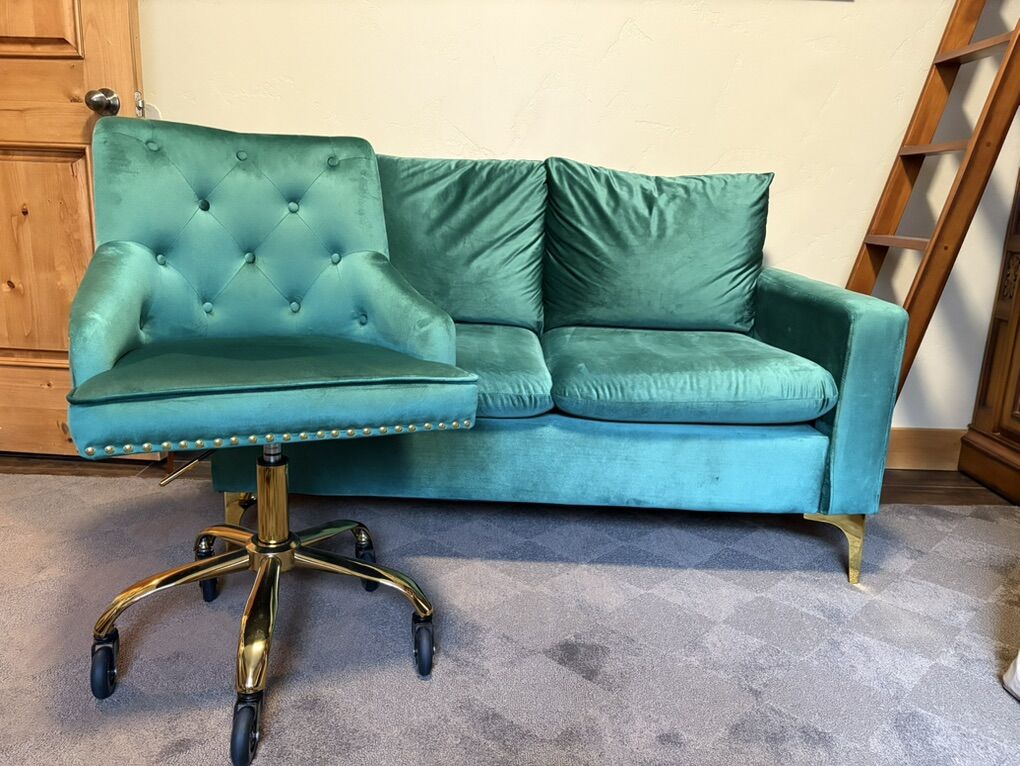 Green Velvet Couch And Office Chair