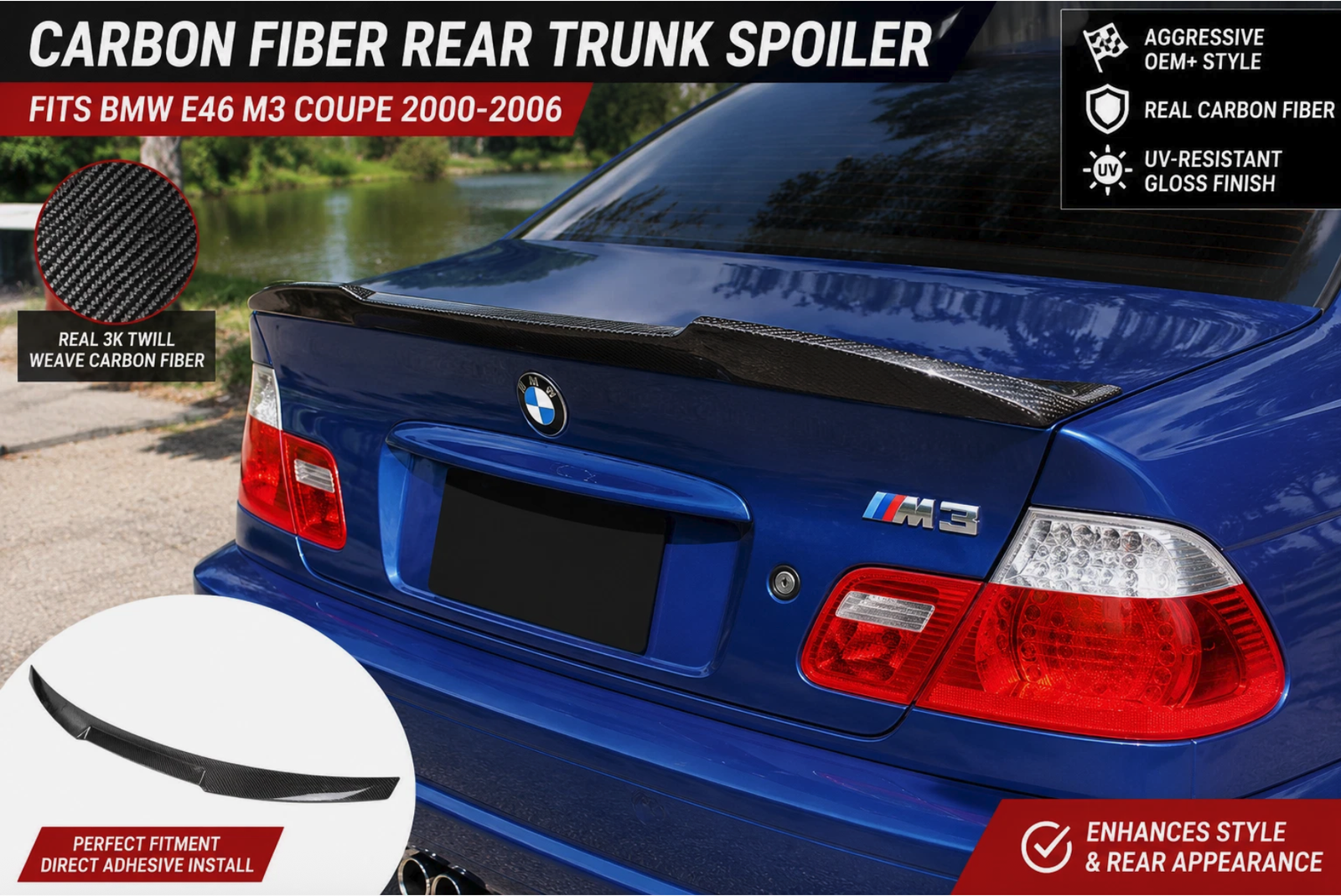 Carbon Fiber Rear Trunk Spoiler Wing Fits BMW E46 M3 Coupe 2000-2006 Glossy