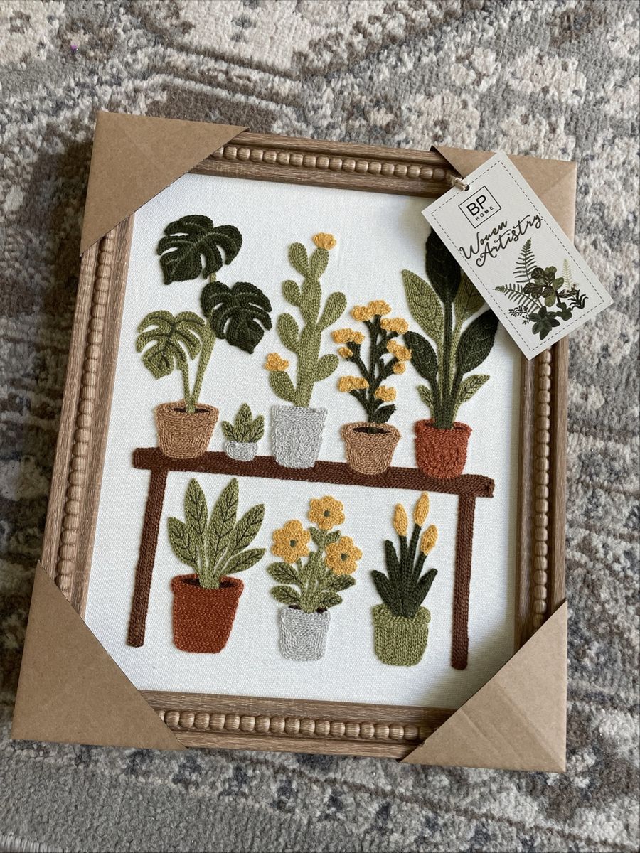 New BP Home Textile Embroidery PLANTS & CACTUS Wall Art Decor 15” X 12”