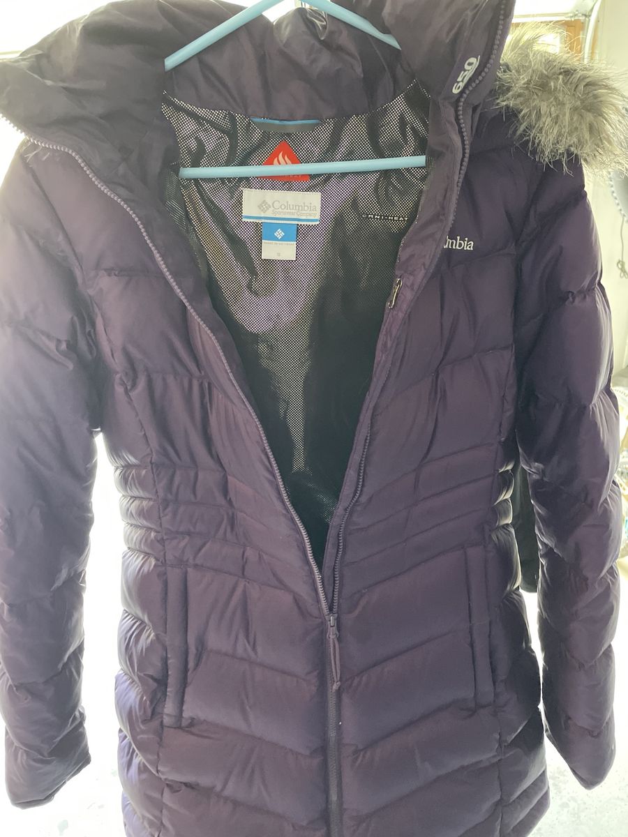 Columbia Women's Omni-Heat Puffer Jacket - Purple, Faux Fur Hood, 650 Fill Power Down, Size Small