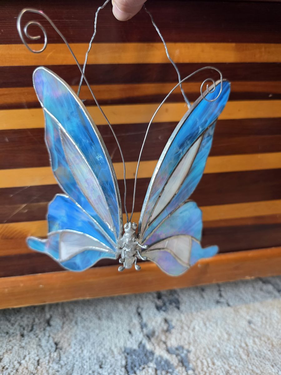 Stained Glass Butterfly Wall Hanging – Blue Iridescent – Suncatcher Decor
