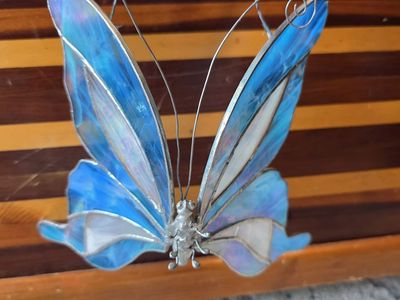 Stained Glass Butterfly Wall Hanging – Blue Iridescent – Suncatcher Decor