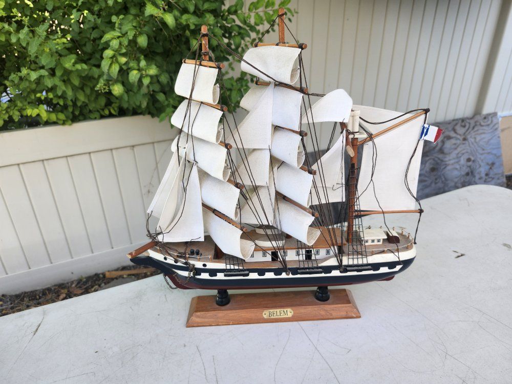 Vintage Wooden Belem Sailing Ship Model Display with Stand
