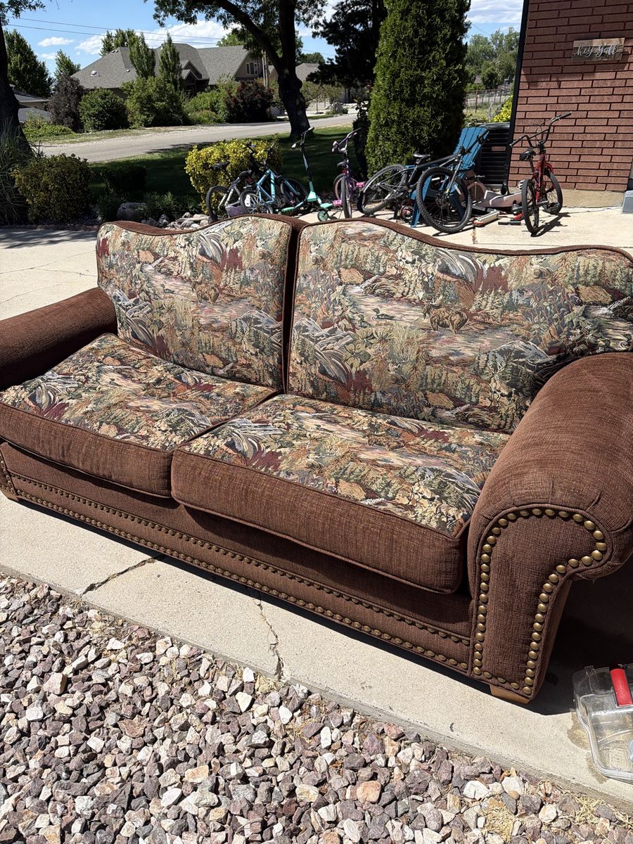 Rustic Brown Tapestry Sofa with Wildlife Scene & Nailhead Trim - 2 Seater Couch