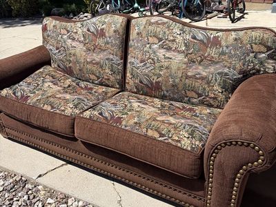 Rustic Brown Tapestry Sofa with Wildlife Scene & Nailhead Trim - 2 Seater Couch