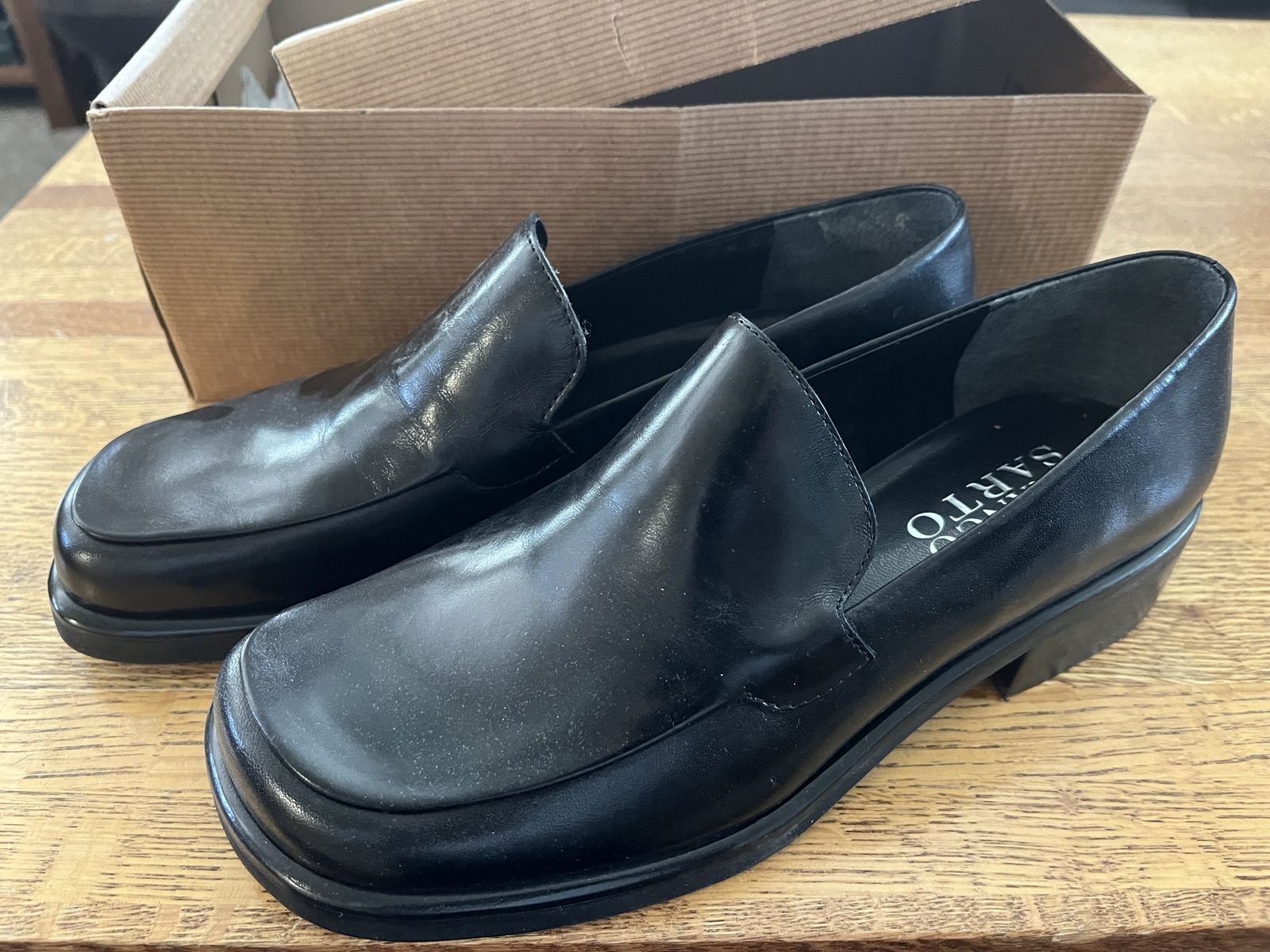 Franco Sarto Women's Black Leather Loafers - Square Toe, Block Heel - Size 7M