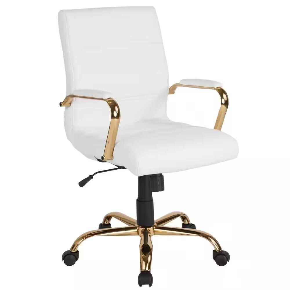 Mid-Back Swivel Leather Soft Desk Ofifice Chair with Padded Seat, Armrests, Adjustable Height Padded, White/Gold