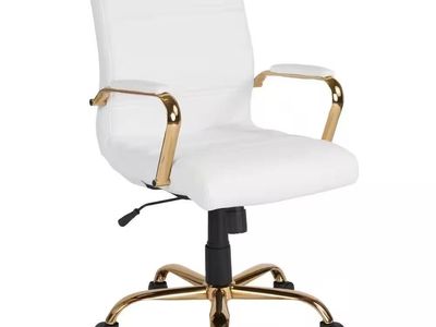 Mid-Back Swivel Leather Soft Desk Ofifice Chair with Padded Seat, Armrests, Adjustable Height Padded, White/Gold