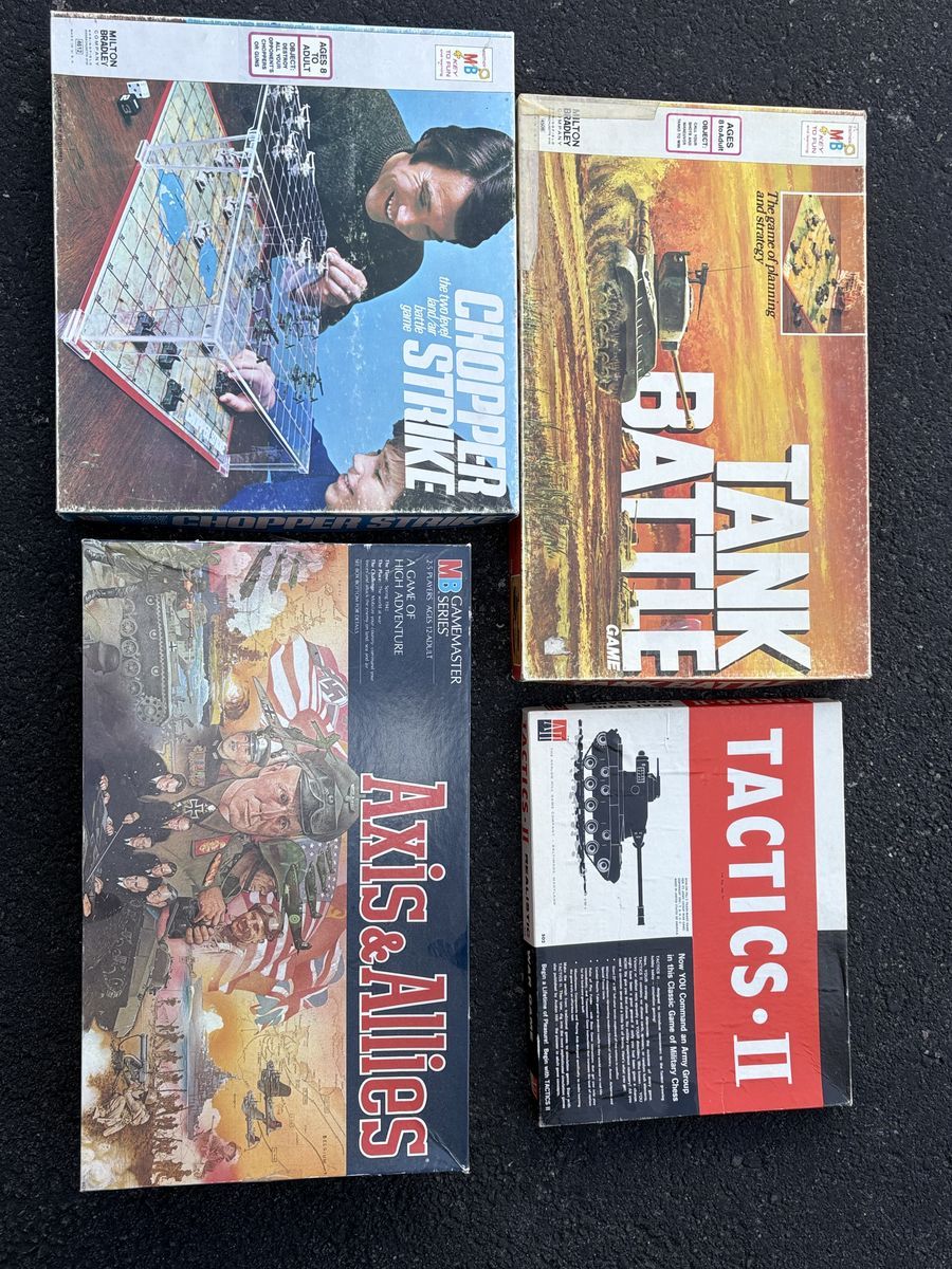Vintage War board games. Axis & Allies, Tactics II, Tank Battle, Chopper Strike. Milton Bradley