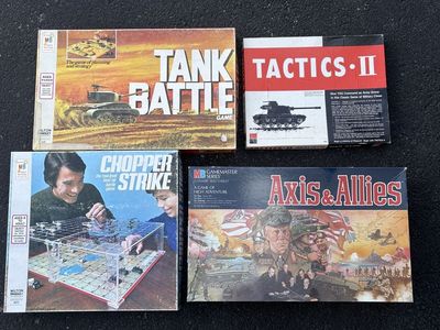 Vintage War board games. Axis & Allies, Tactics II, Tank Battle, Chopper Strike. Milton Bradley