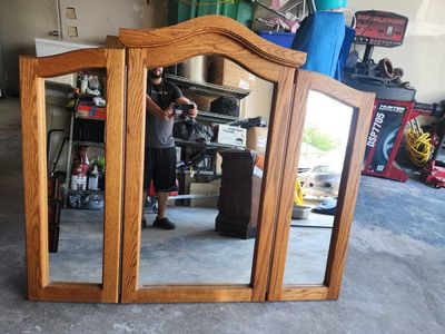 Vintage Tri-Fold Solid Oak Wood Vanity Dresser Mirror