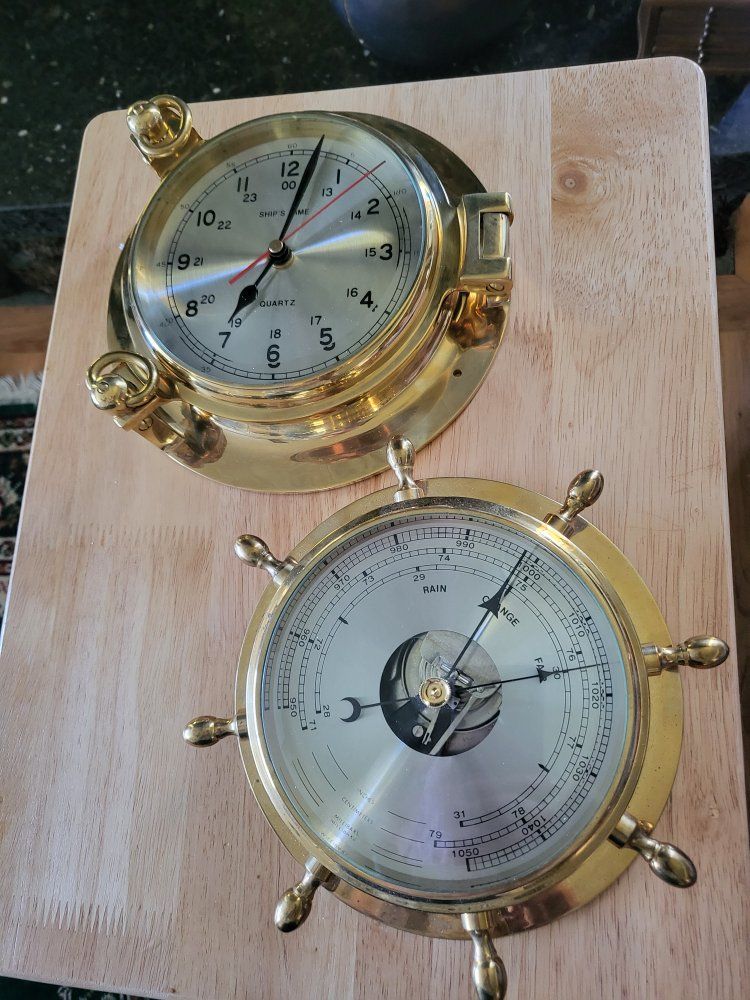 Vintage Quartz Brass Porthole Clock & Ship's Wheel Barometer Set - Nautical Decor