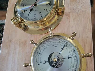 Vintage Quartz Brass Porthole Clock & Ship's Wheel Barometer Set - Nautical Decor