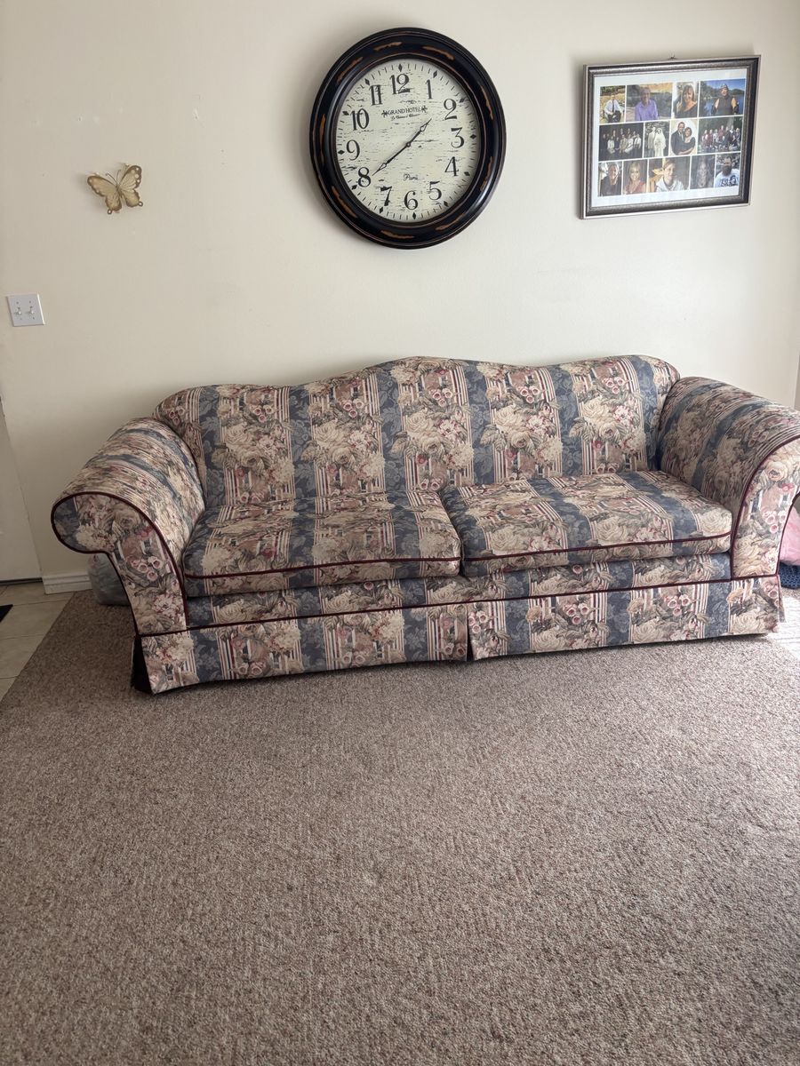 Vintage Floral Print Fabric Sofa with Rolled arms and love seat.