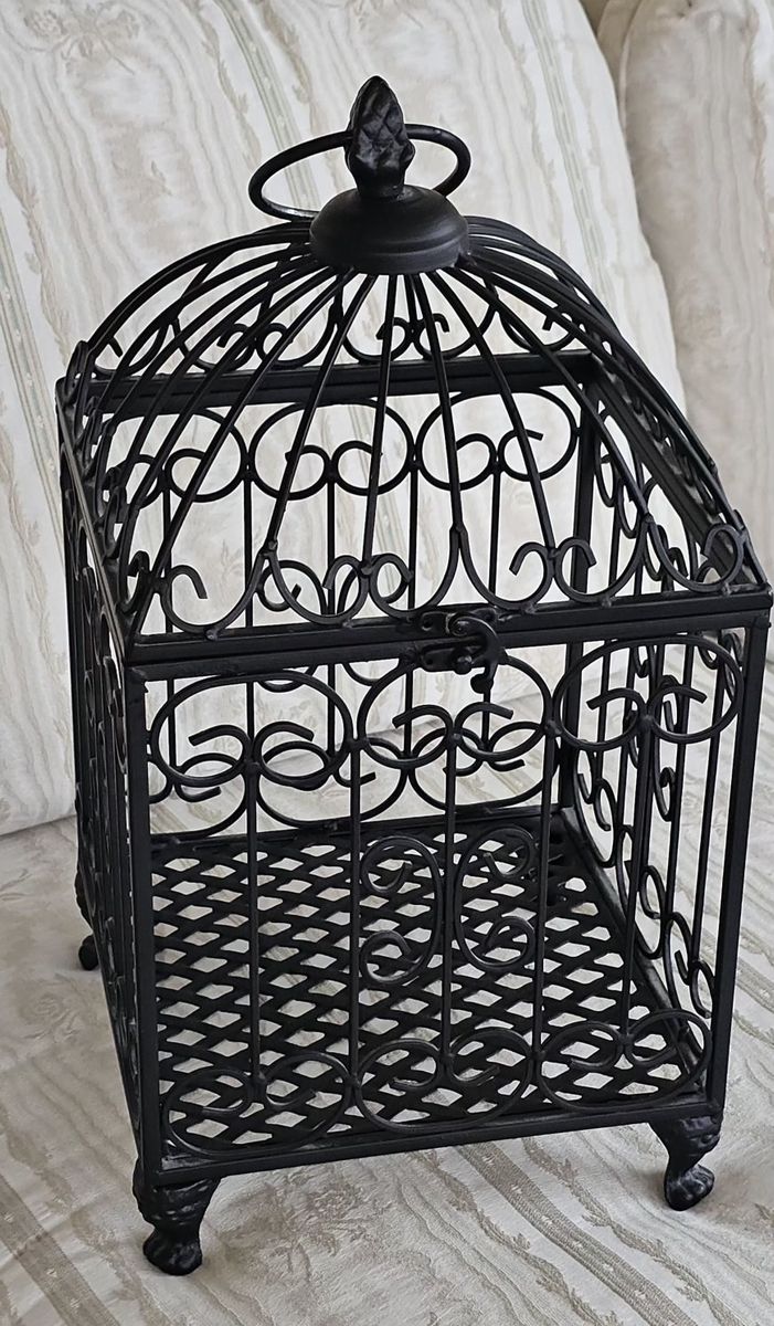 Decorative Black Wrought Iron Square Cage Basket w/ Lid and Feet 16"T 8.5" Square
