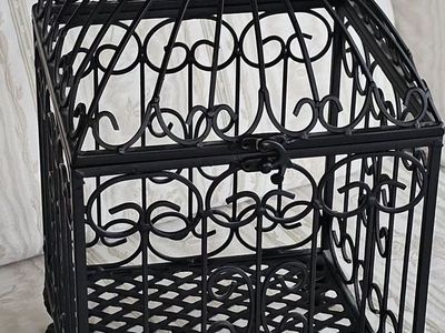 Decorative Black Wrought Iron Square Cage Basket w/ Lid and Feet 16"T 8.5" Square
