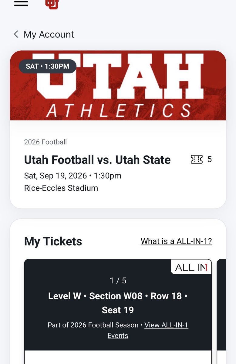 5 tickets - Utah vs Utah State Football W8