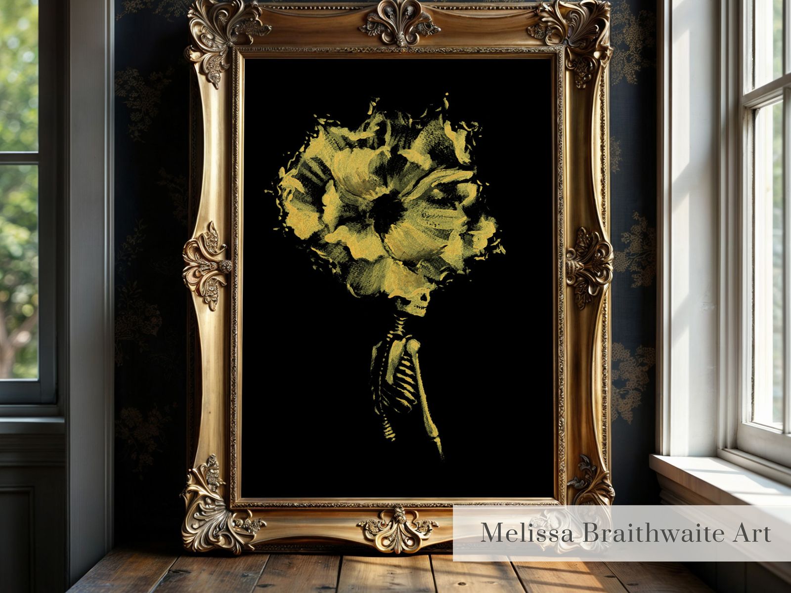 Floral Skeleton Halloween Wall Art Print: Whimsical Gold Decor, Multiple Sizes