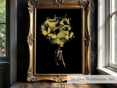 Floral Skeleton Halloween Wall Art Print: Whimsical Gold Decor, Multiple Sizes