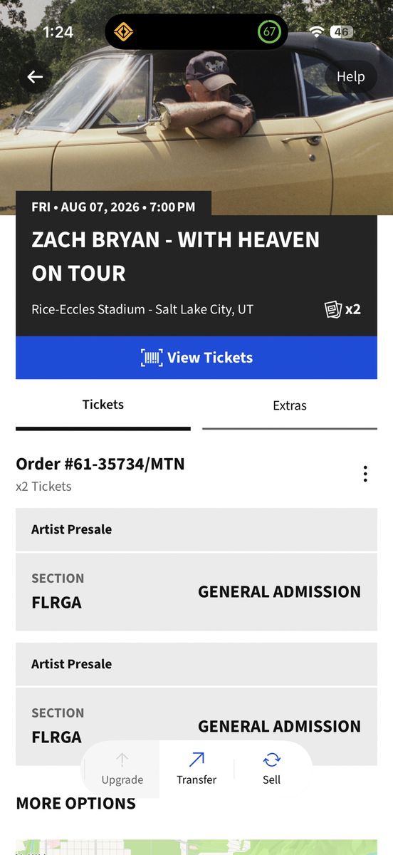Zach Bryan w/ Heaven On Tour - 2 Floor Tickets - Rice-Eccles Stadium Aug 7, 2026