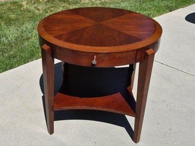 Round Wood End Table Side Accent Table with Drawer and Shelf