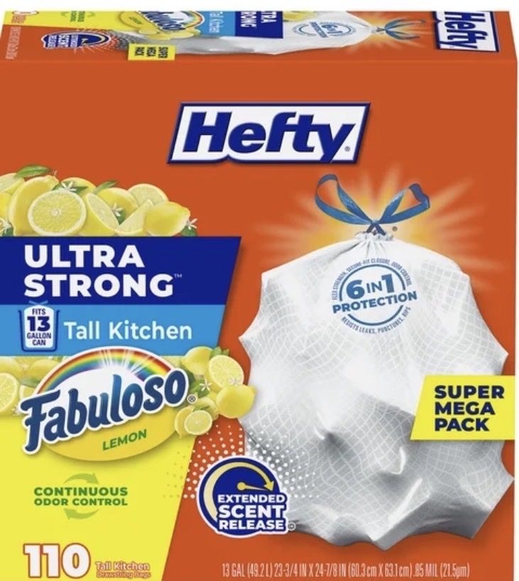 Hefty Ultra Strong 13 Gallon Trash Bags, Tall Kitchen Trash Bags, White, Fabuloso Lemon Scent, 110 Bags