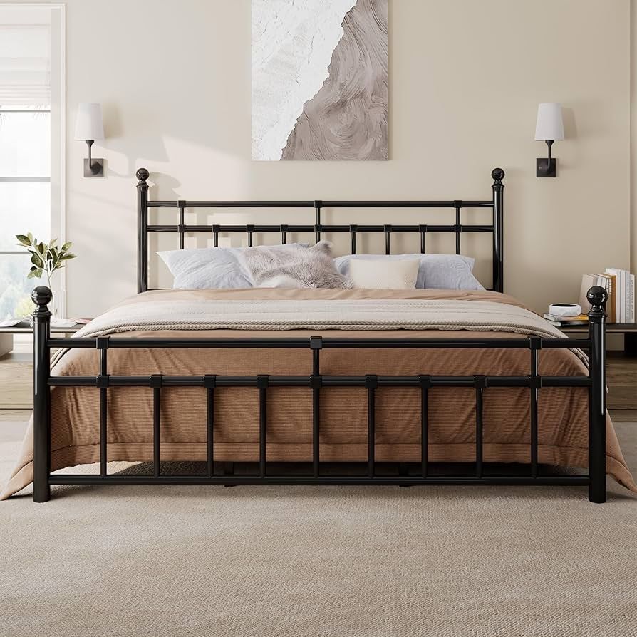 King Size Metal Bed Frame, Platform Bed with Classic Wrought Iron-Art