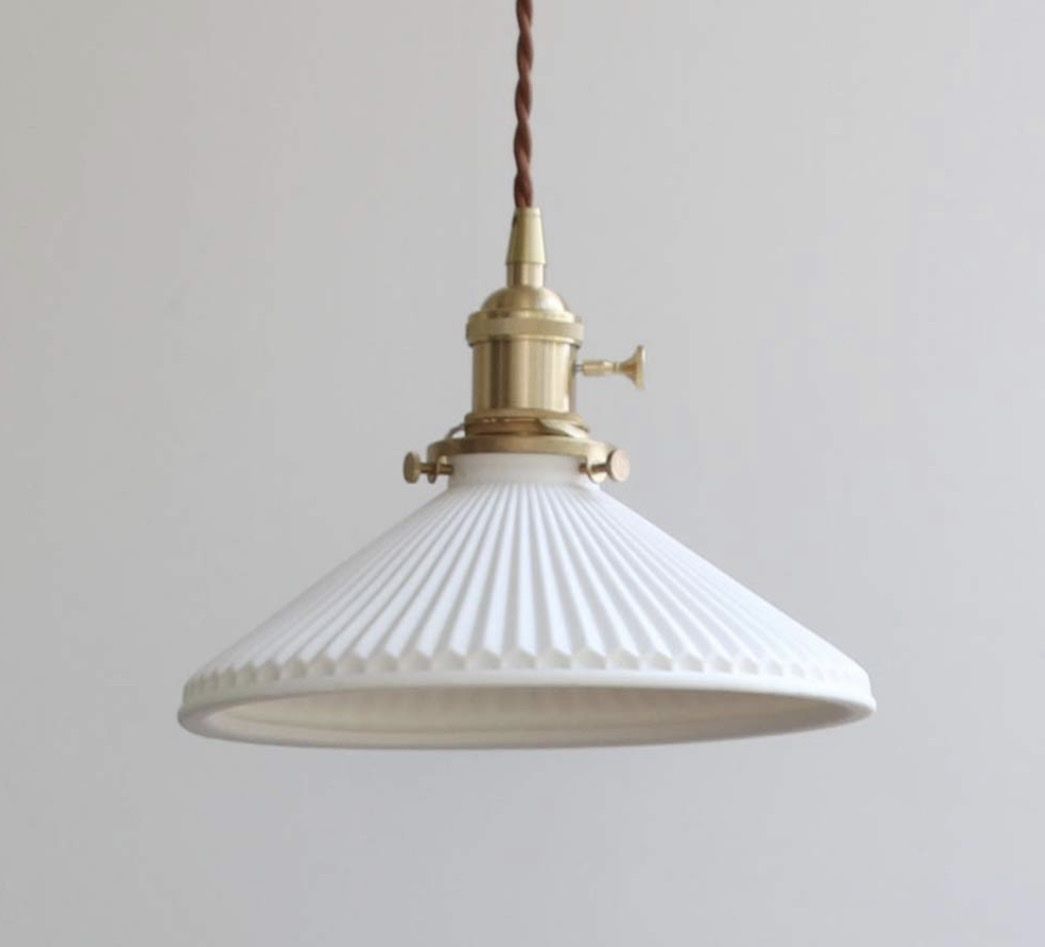 New in box- 4 available Vintage Brass & Ceramic Fluted Cone Pendant Light Fixture