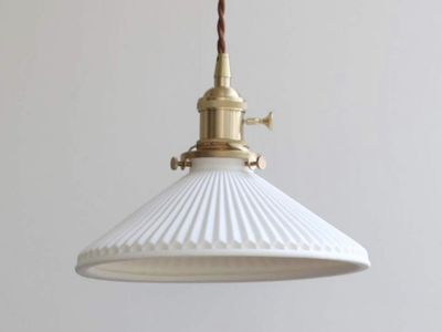 New in box- 4 available Vintage Brass & Ceramic Fluted Cone Pendant Light Fixture
