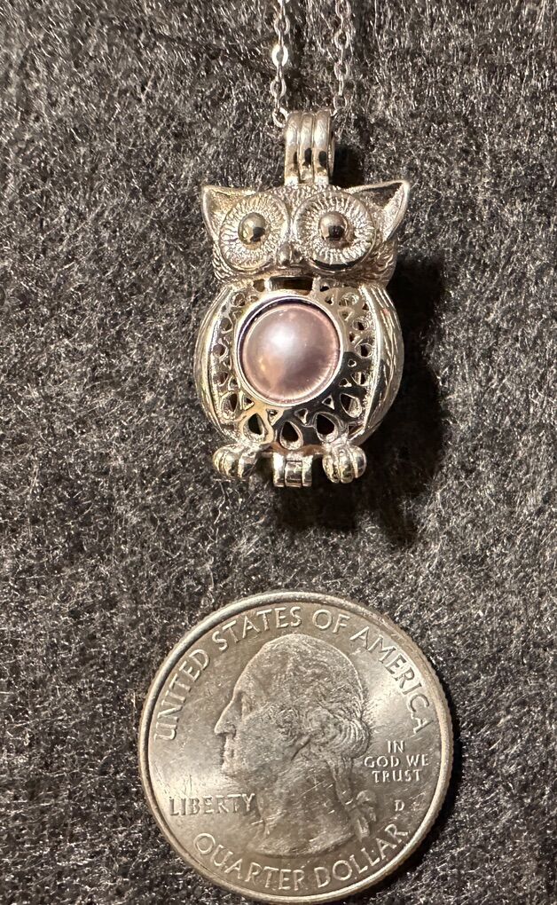 925 Sterling Silver Owl Necklace w/ Pink Pearl