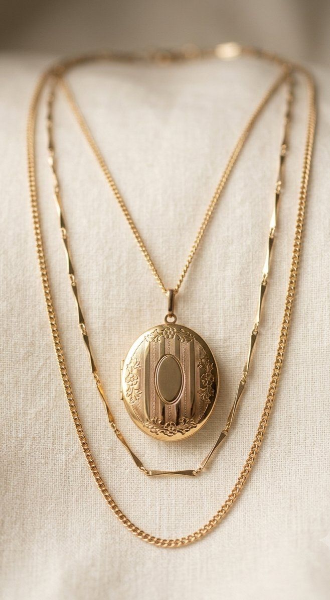 Vintage 1970s Triple-Layer Gold Chain & Engraved Locket Necklace