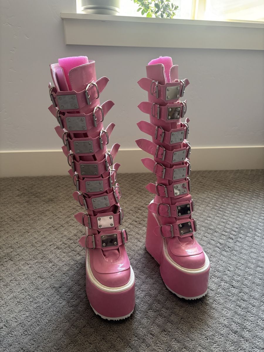 Dolls Kill Demonias Hot Pink Stacked Platform Knee High Boots w/ Multiple Buckles Size 6