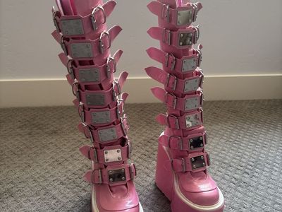 Dolls Kill Demonias Hot Pink Stacked Platform Knee High Boots w/ Multiple Buckles Size 6