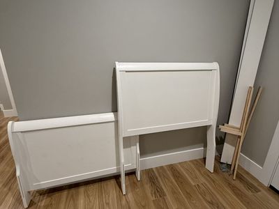 White Wood Sleigh Style Twin Headboard and Footboard - Excellent Condition