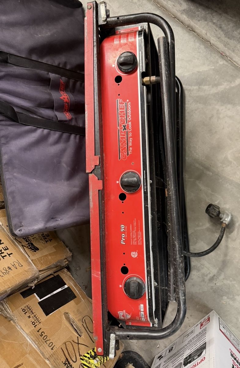 Camp chef 3 burner stove with 3 burner griddle and griddle case in great condition