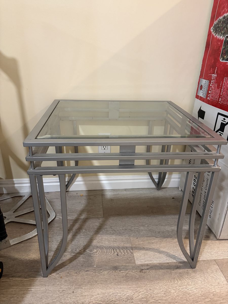 Modern Silver Metal & Glass Top Accent set: one coffee table and 2 End Tables