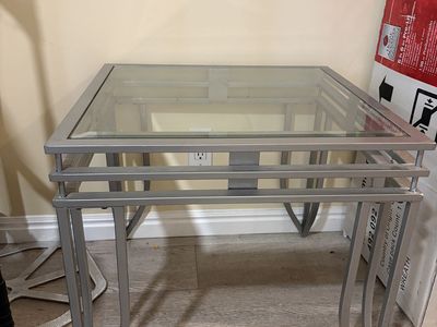 Modern Silver Metal & Glass Top Accent set: one coffee table and 2 End Tables