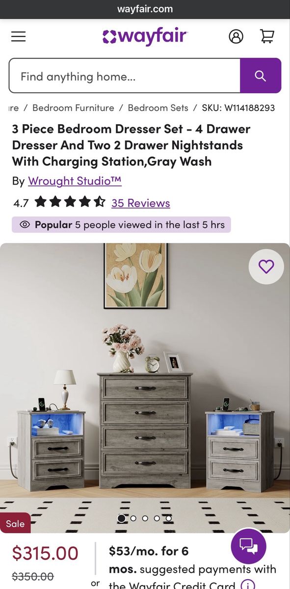 Grey 3 Piece Bedroom Set - 2 Nightstands & Dresser