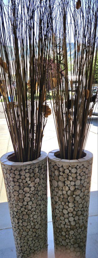 Pair of Tall Wooden Log Slice Vases with Decorative Branches - Rustic Home Decor $50 for the pair