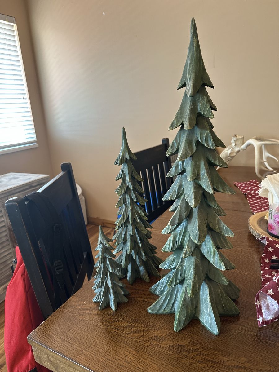 Set of 3 Resin Carved Rustic Green Evergreen Christmas Trees Decorative Statues