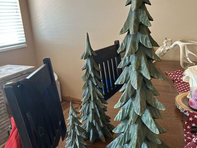 Set of 3 Resin Carved Rustic Green Evergreen Christmas Trees Decorative Statues