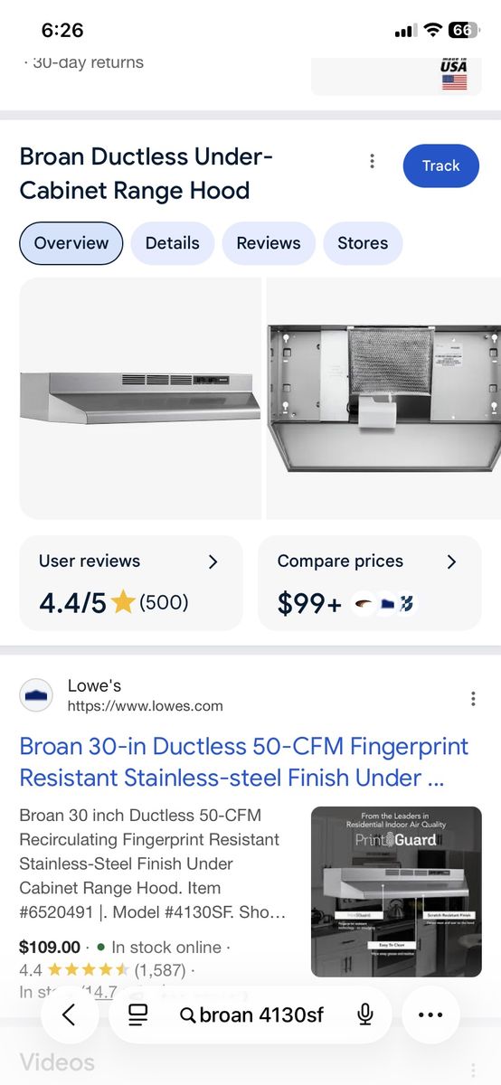 Broan 4130SF 30" Ductless Under-Cabinet Range Hood - Stainless Steel, Fingerprint Resistant