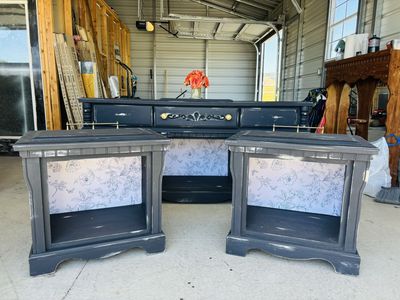 Shabby Chic Black Console Table & Nightstands Set - Distressed Finish with Floral Accents