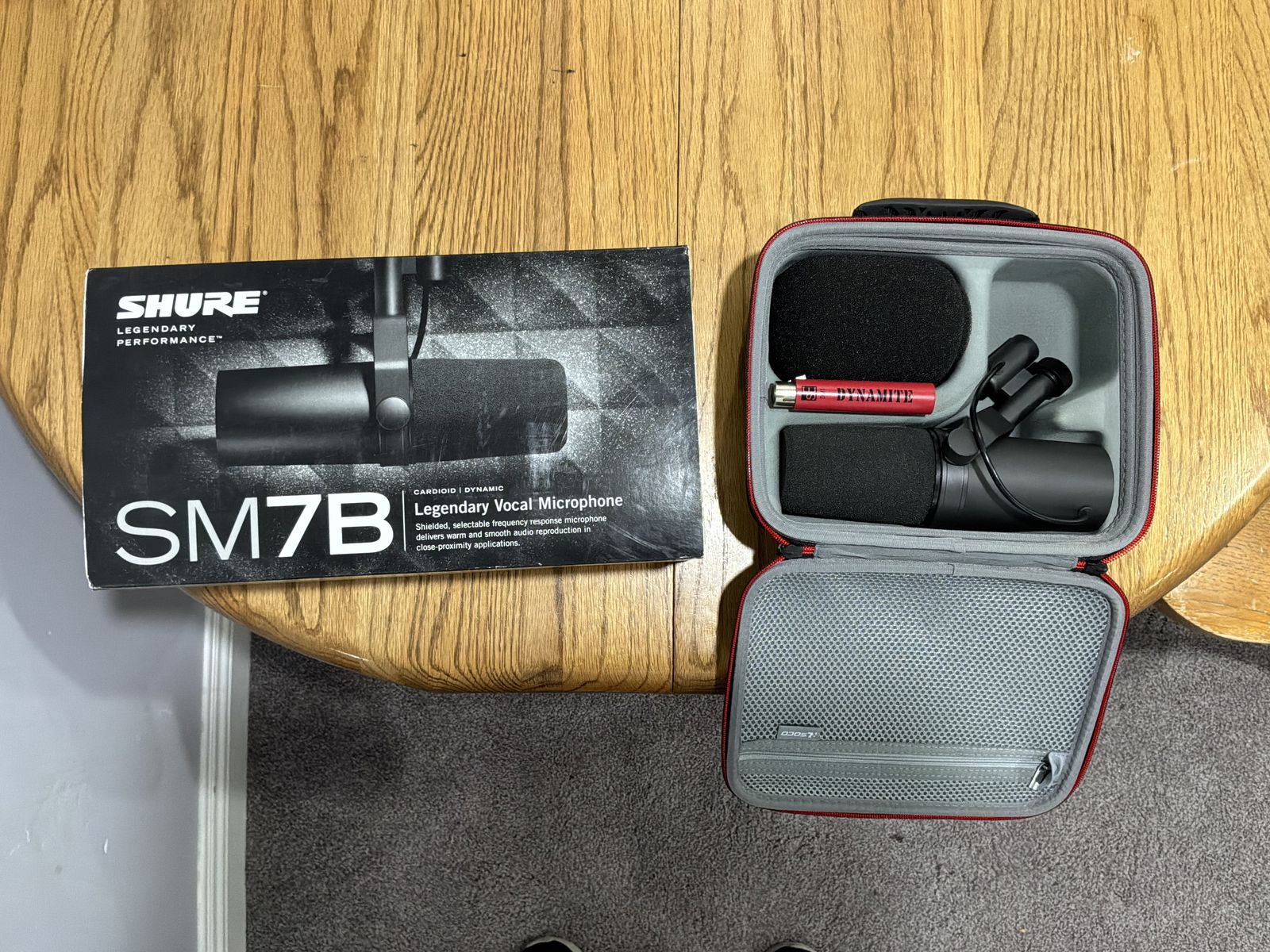 Shure SM7B Dynamic Studio Vocal Microphone with DM1 Dynamite Preamp and carrying case.