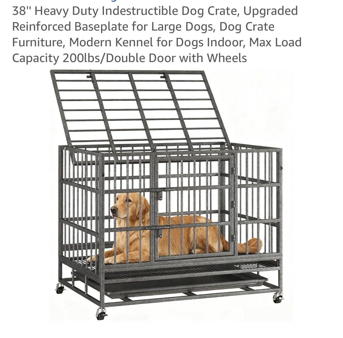 38" Heavy-Duty Indestructible Dog Crate - Large, Reinforced Base, Double Door, Wheels, 200lbs Capacity