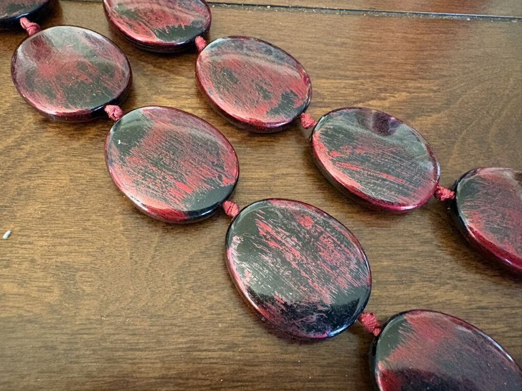 Vintage Red & Black Bead Necklace W/ Ribbon Ties