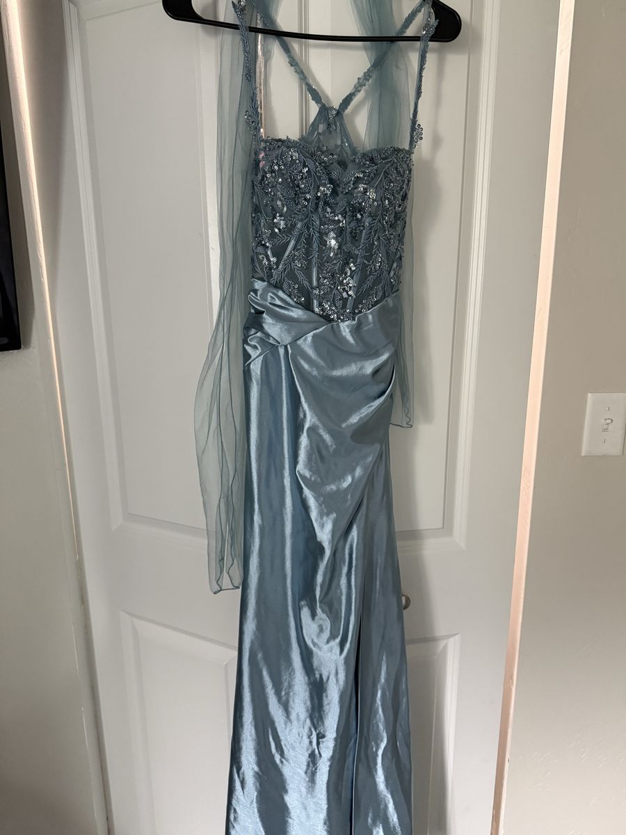 Stunning Dusty Blue Sequin Embellished Formal Gown with Scarf - Size S
