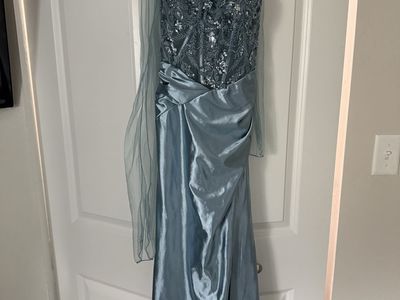 Stunning Dusty Blue Sequin Embellished Formal Gown with Scarf - Size S