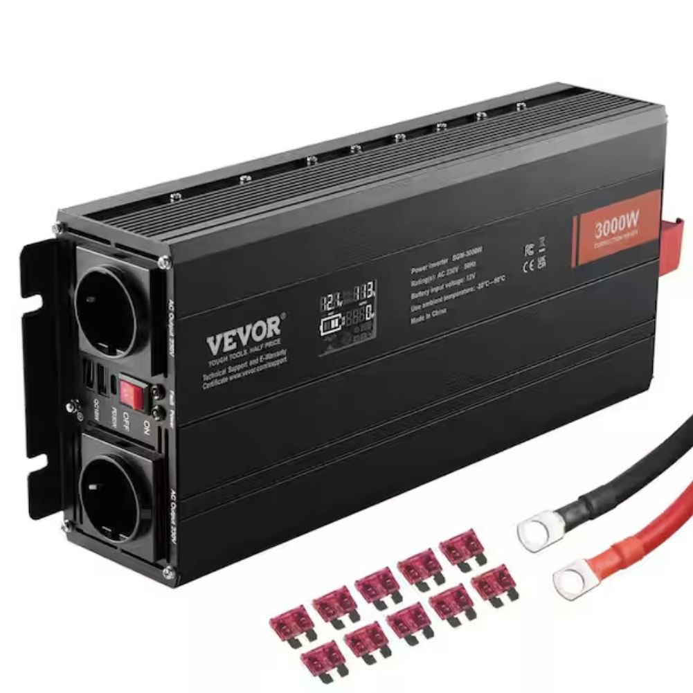 VEVOR 3000-Watt Modified Sine Wave Inverter DC 12V to AC 120V LCD Display Power Inverter with 3-AC Outlets 2-USB