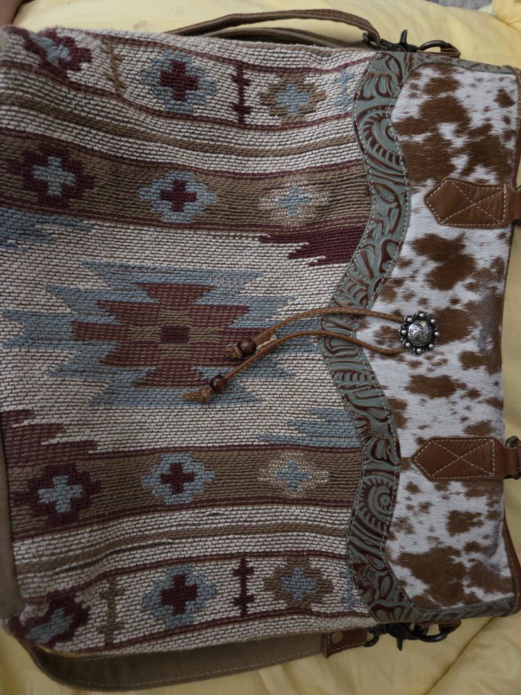 Myra Bag Canvas & Leather Tote/Crossbody Bag - Southwestern Print Liner, Approx. 14.5" Wide